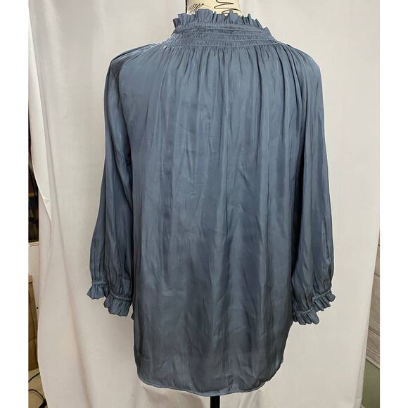 Carmen Marc Valvo Blue Gray Long Sleeve Ruffle V Neck Blouse XS - Picture 5 of 8